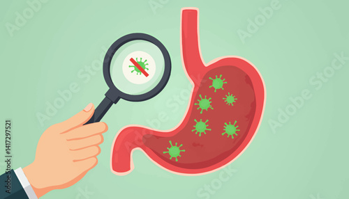 Stomach virus infection with magnifying glass and hand