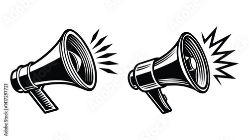 black megaphone set, a communication tool and business icon is isolated on a white background as a vector design