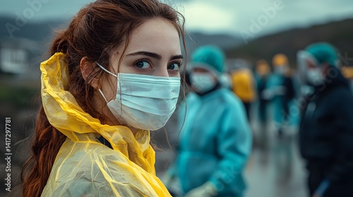 Healthcare workers in PPE assisting patients at temporary vaccination site with urgent yet hopeful