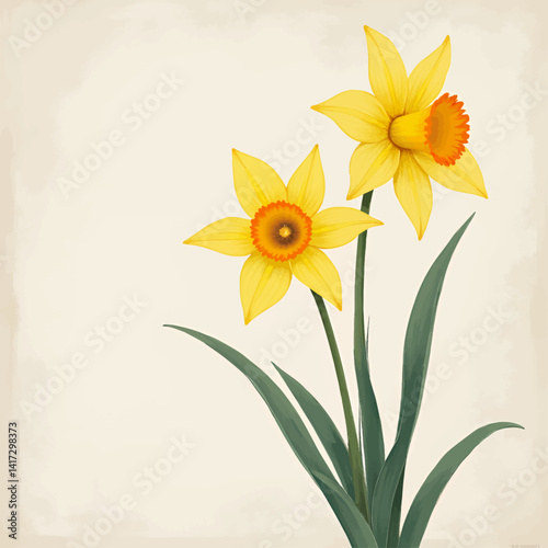 Two Yellow Daffodils with Orange Centers and Green Stems