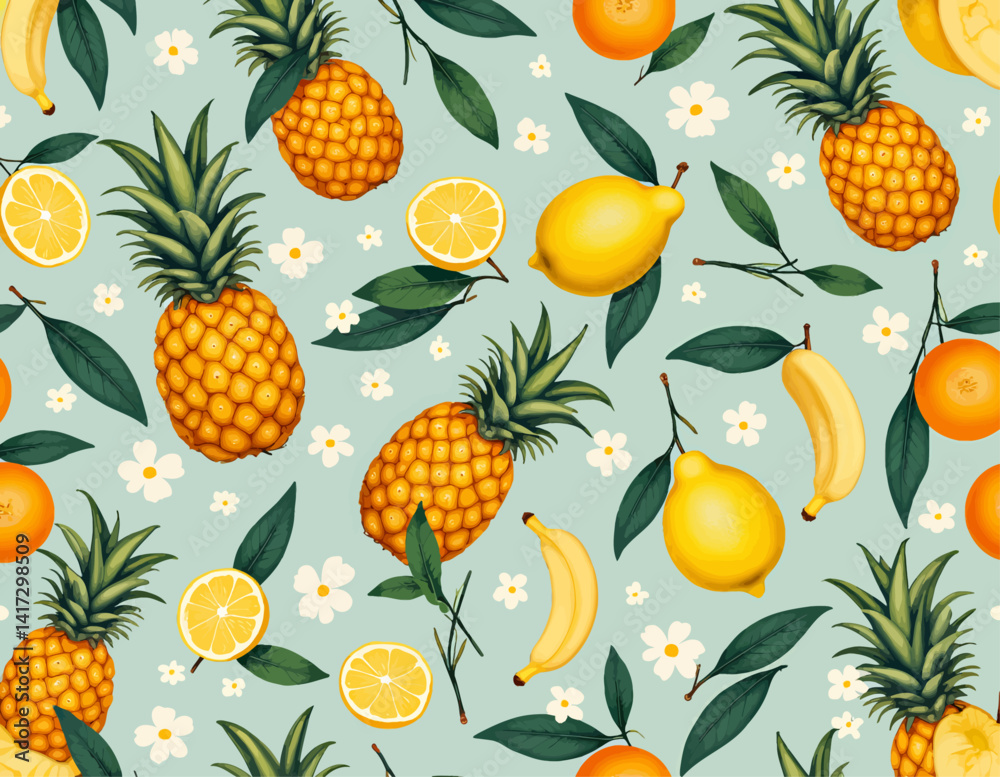 Tropical Fruit Pattern with Pineapples, Lemons, and Bananas Tropical Fruit Pattern with Pineapples, Lemons, and Bananas