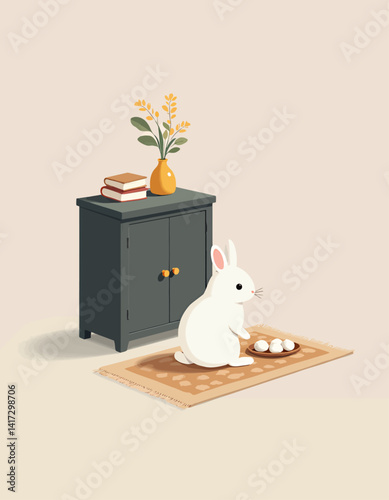 White bunny with eggs on rug near cabinet and flowers