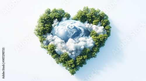 A heart-shaped Earth with clouds and trees forming the continents, symbolizing love and protection for the planet, on a white background.