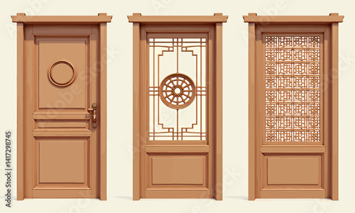 Three wooden doors with unique designs and patterns