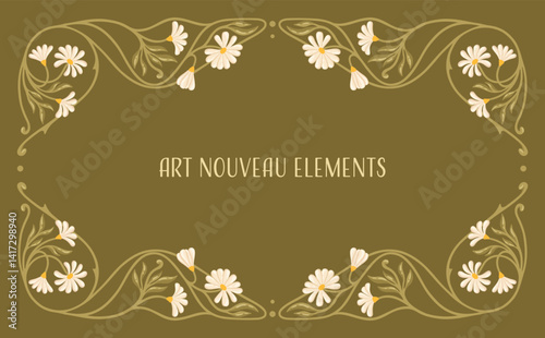 Chamomile Art Nouveau Floral Border. Botanical Frame Design. Vector.