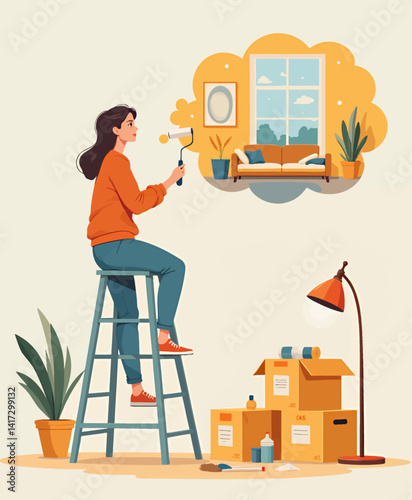 Woman on ladder envisions new home with paint roller