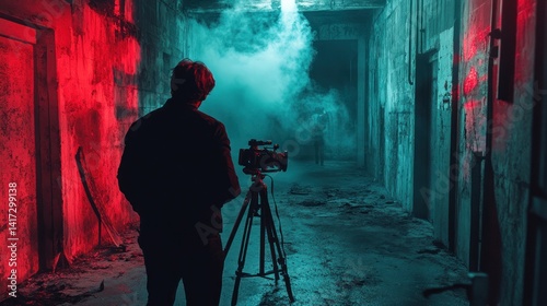 Filmmaker in a mysterious, dimly lit corridor. Red and blue lighting enhances the eerie atmosphere, creating a captivating cinematic scene.