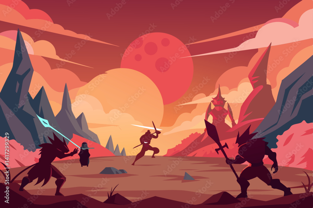 Naklejka premium anime-battle-scene-in-otherworldly-valley 