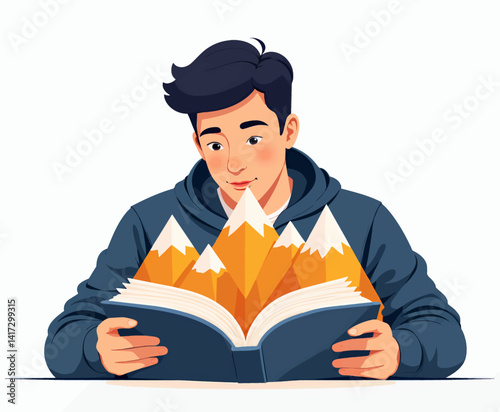 Young man reading a book with mountain illustration