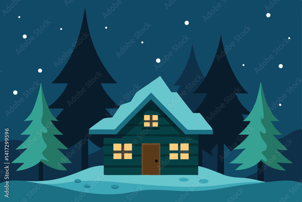 Naklejka premium anime-cabin-in-the-woods-during-snowfall 