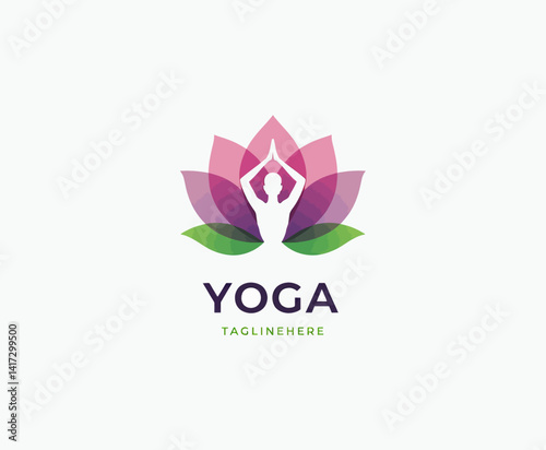 Yoga lotus pose logo with pink and purple petals