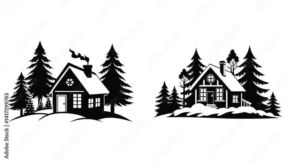 Fototapeta premium Collection of cozy house with winter wonderland vector silhouette with snow covered black silhouette on white background, set of cozy houses and trees
