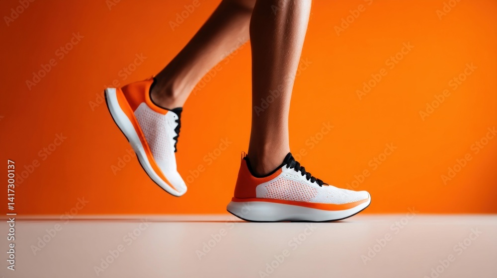 A person's legs in motion, sporting white and orange running shoes, on a vibrant orange background.
