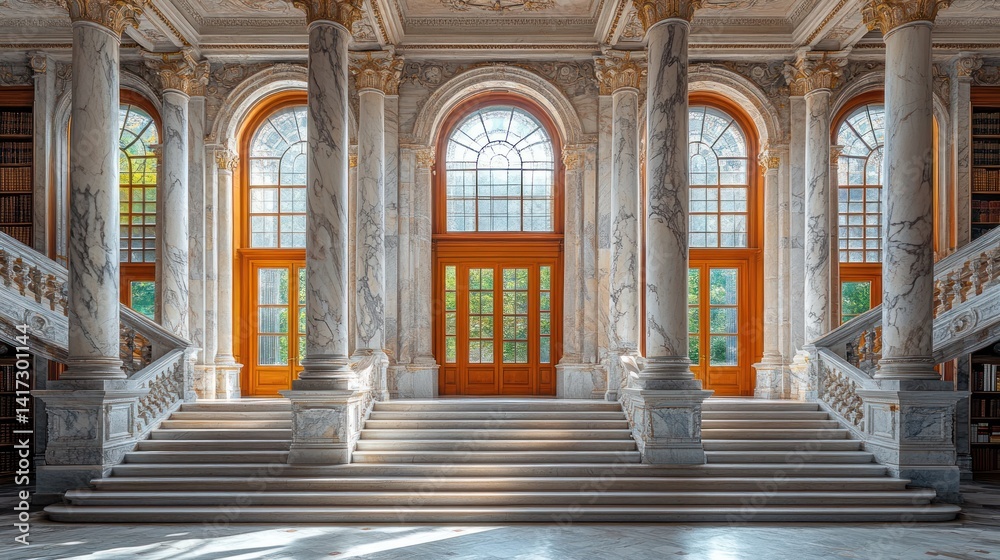 Naklejka premium Grand Palace Staircase, Sunlight Through Windows, Historic Library