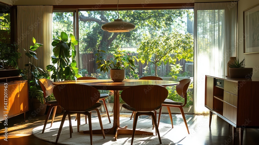 Fototapeta premium Sun-drenched mid-century modern dining area with lush greenery