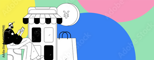 Holiday shopping people doing e-commerce online shopping flat vector concept operation hand drawn illustration
