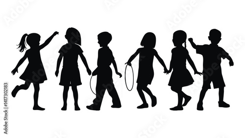 group of children black silhouettes in playful poses set against a simple white background