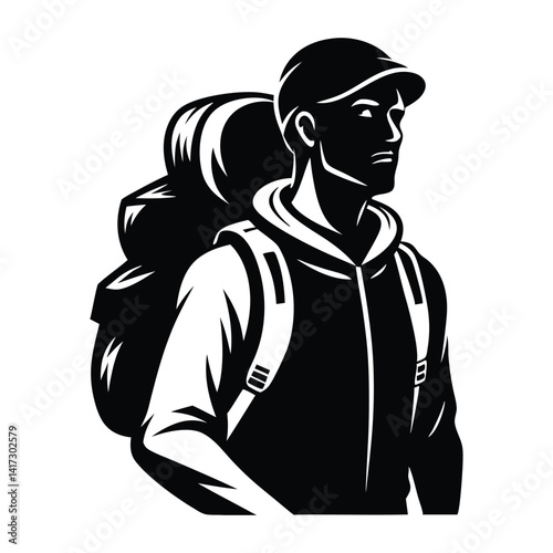 Backpacker man black silhouette on white background, vector illustration of backpack a man