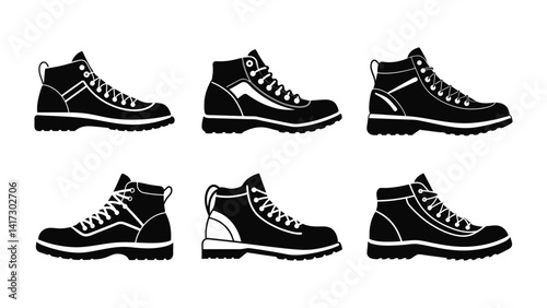 Collection of Hiking boot vector illustration on white background, set of shoes