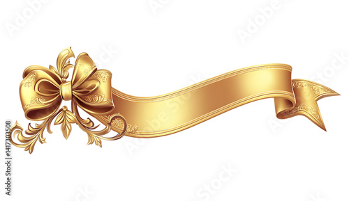 Ornate golden ribbon banner with bow on trasparent background