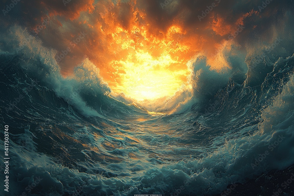 Naklejka premium Large ocean waves under a dramatic sky with bright light breaking through clouds.