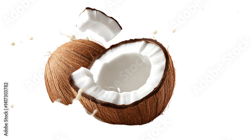 Coconut Levitating in Cream Splash Isolated on White Background