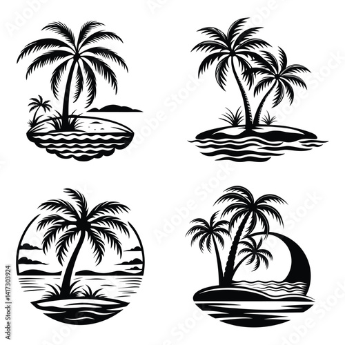 Tropical beach vector illustration with a set of palm tree silhouettes under the summer sun, set of vector palms