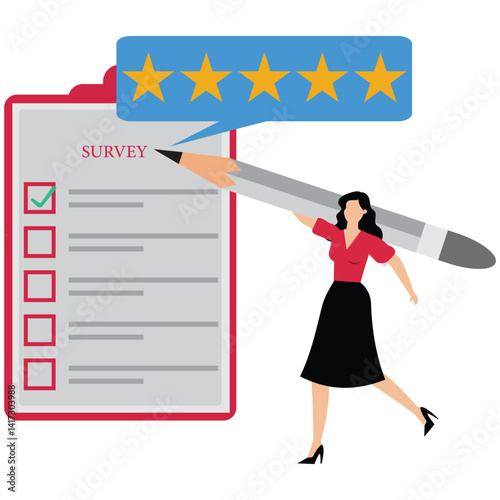 Businesswoman use pencil to give five star evaluation in feedback survey