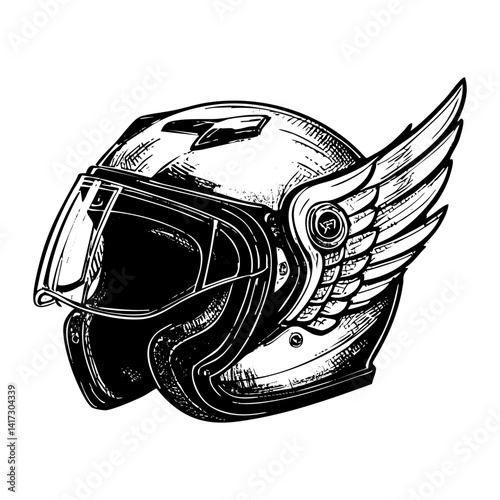 Racing helmet engraving black and white outline. Scratch board imitation. illustrated in vintage line art style on a white background.