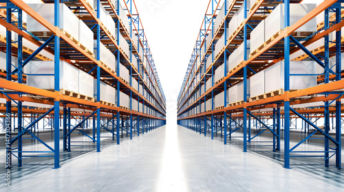 Modern High Rack Warehouse in Factory Setting Isolated on White Background