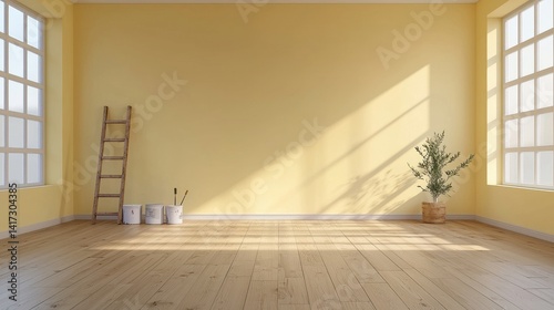 Bright and Minimalist Empty Room with Yellow Walls and Natural Light