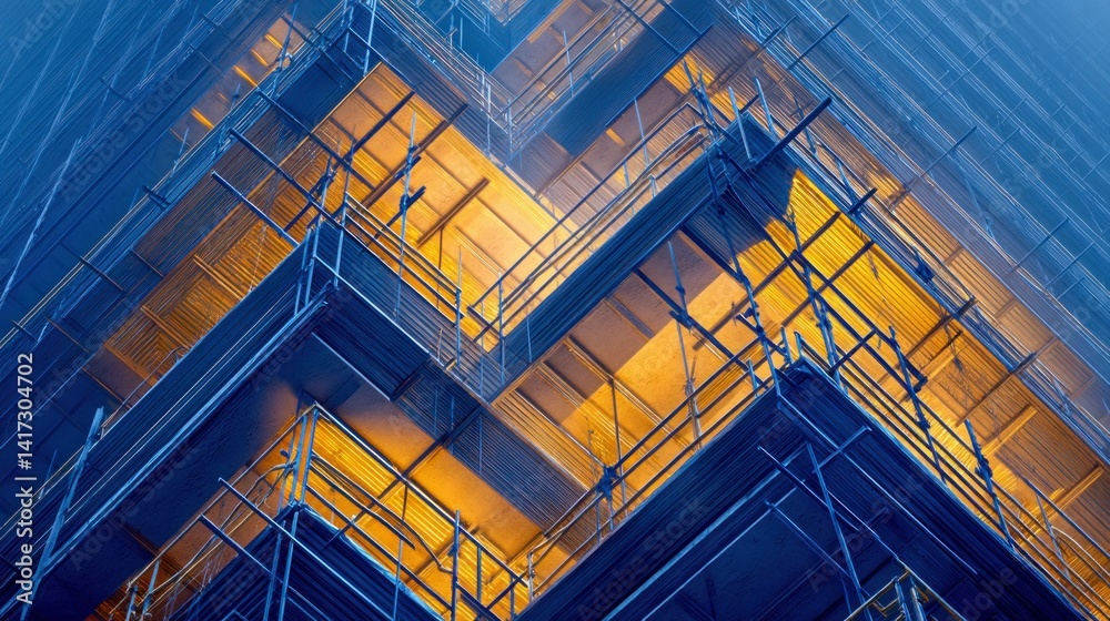 Intricate scaffolding provides a unique, geometric perspective of a building's framework. Intricate scaffolding provides a unique, geometric perspective of a building's framework.