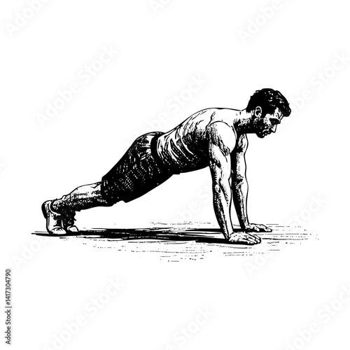 Man push up engraving black and white outline. Scratch board imitation.  illustrated in vintage line art style on a white background.
