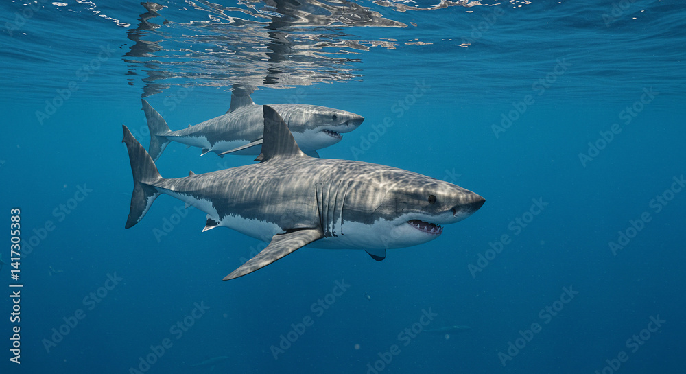 Fototapeta premium Great White Sharks Swimming Together Underwater in Ocean