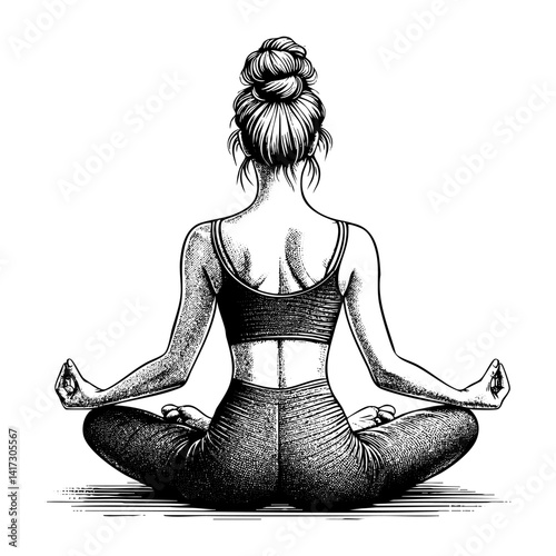 Woman yoga doing lotus pose engraving black and white outline. Scratch board imitation. illustrated in vintage line art style on a white background.