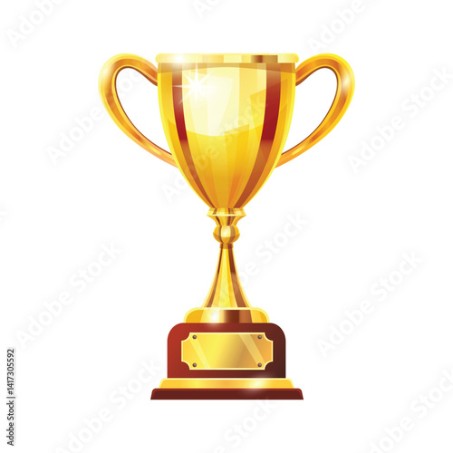 A golden trophy with elegant handles, mounted on a wooden base with a gold plaque, symbolizing success, achievement, and recognition.