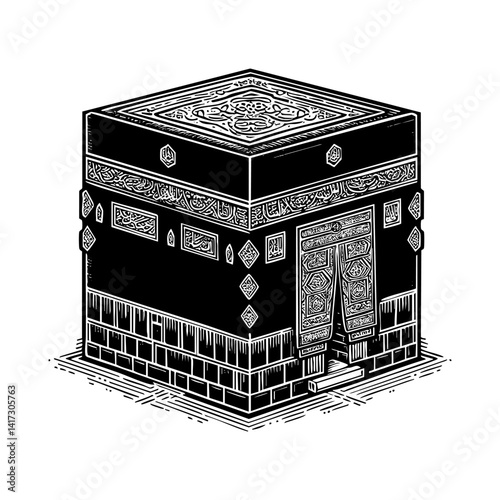 Holy kaaba sketch engraving black and white outline. Scratch board imitation.