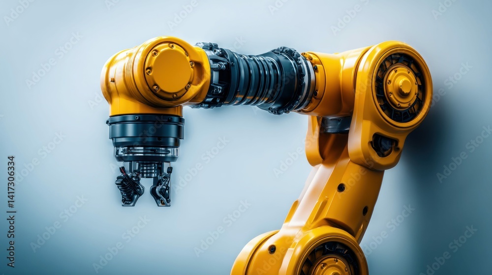 A detailed view showcases a yellow robotic arm, highlighting industrial automation and modern engineering. A detailed view showcases a yellow robotic arm, highlighting industrial automation and modern engineering.