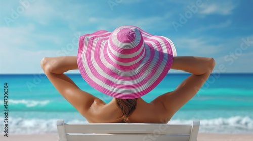 Obraz na płótnie Woman in a pink striped hat relaxing on a beach chair with her arms behind her head, enjoying the sun. w salonie