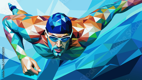 Swimming, swim isolated low poly vector illustration, geometric swimmer silhouette, crawl style