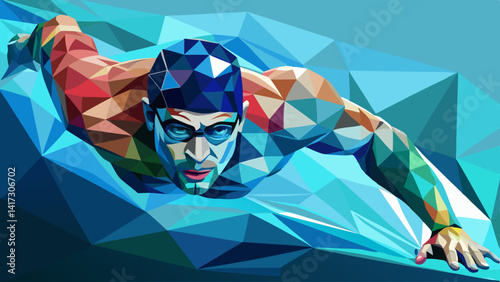 Swimming, swim isolated low poly vector illustration, geometric swimmer silhouette, crawl style