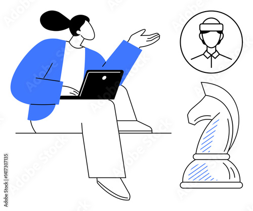 Person using laptop gesturing while discussing, chess knight, and avatar portrait representing strategy, teamwork, and leadership. Ideal for business, planning, decision-making, career mentorship