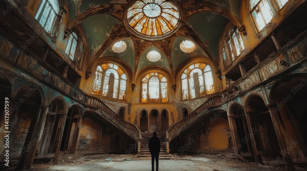Obraz premium Exploring the Eerie Grandeur: A Decaying Mansion's Intriguing Interior