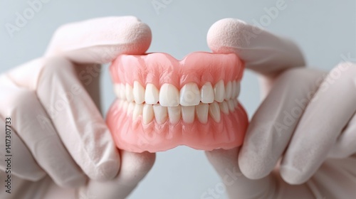 Wallpaper Mural A dentist's gloved hands delicately holding a set of bright, pristine false teeth. Torontodigital.ca