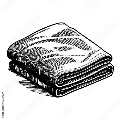folded towels sketch engraving black and white outline. Scratch board imitation.  illustrated in vintage line art style on a white background.
