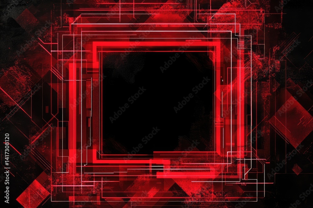 Obraz premium Red neon geometric design surrounds a black open centered space