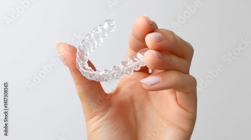 Wallpaper Mural A close-up shot of a hand holding a clear dental retainer against a plain white background. Torontodigital.ca
