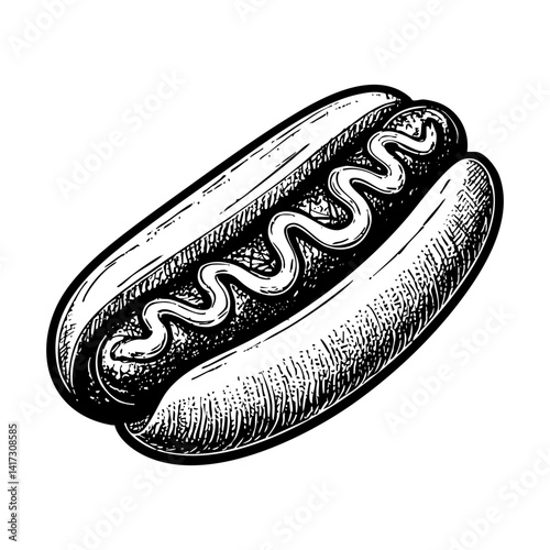 Hot dog sketch engraving black and white outline. Scratch board imitation. Illustrated in vintage line art style on a white background.