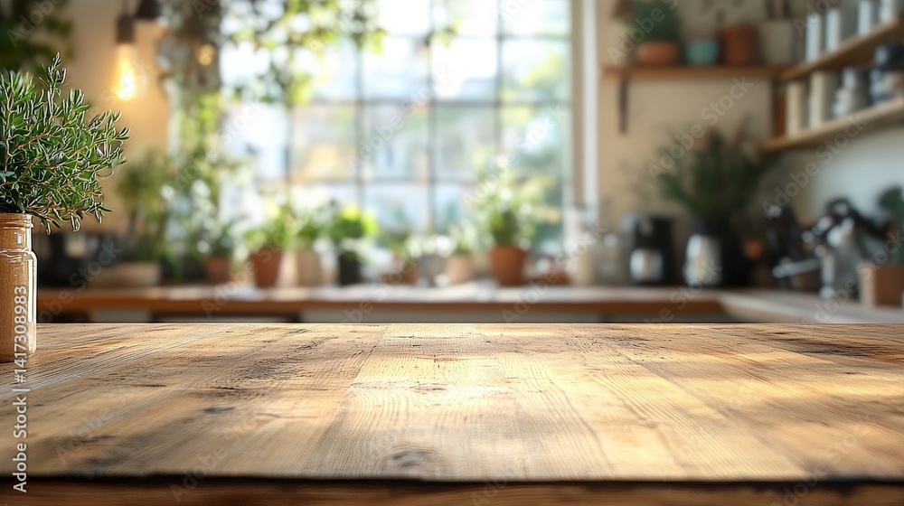 Empty Wooden Kitchen Table with Blurry Background of a Cozy Kitchen with Plants and Natural Lighting Empty Wooden Kitchen Table with Blurry Background of a Cozy Kitchen with Plants and Natural Lighting