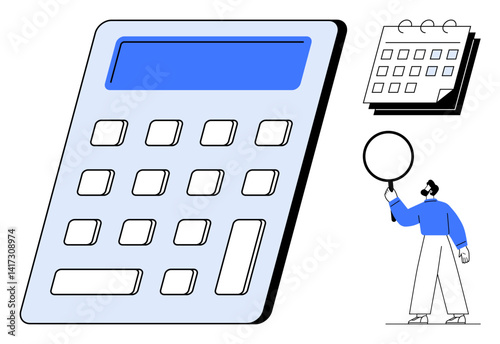 Oversized calculator with highlighted keypad, calendar, and person holding a magnifying glass. Ideal for finance, accounting, budget analysis, planning, time management, organization simple landing